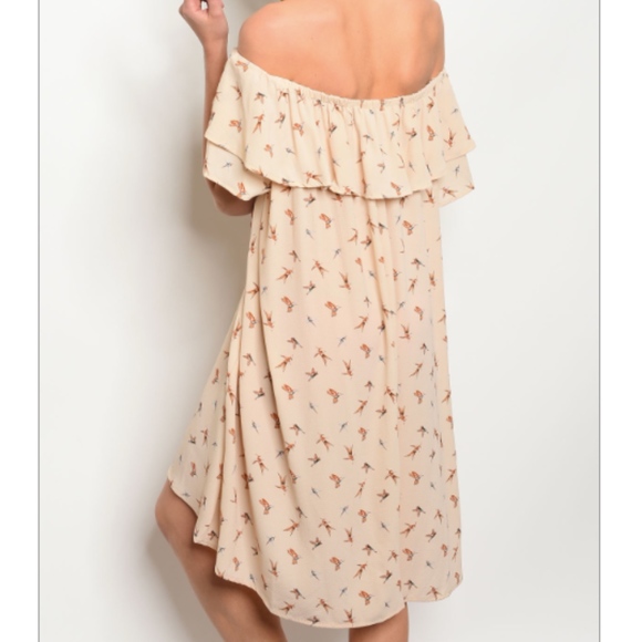 Ruffle Beige Dress with Bird Print - Picture 2 of 2